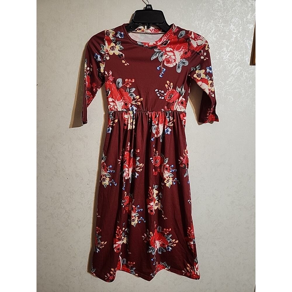 Girls Full Length Dress NO TAGS Long Sleeve Burgundy Floral SEE MEASUREMENTS